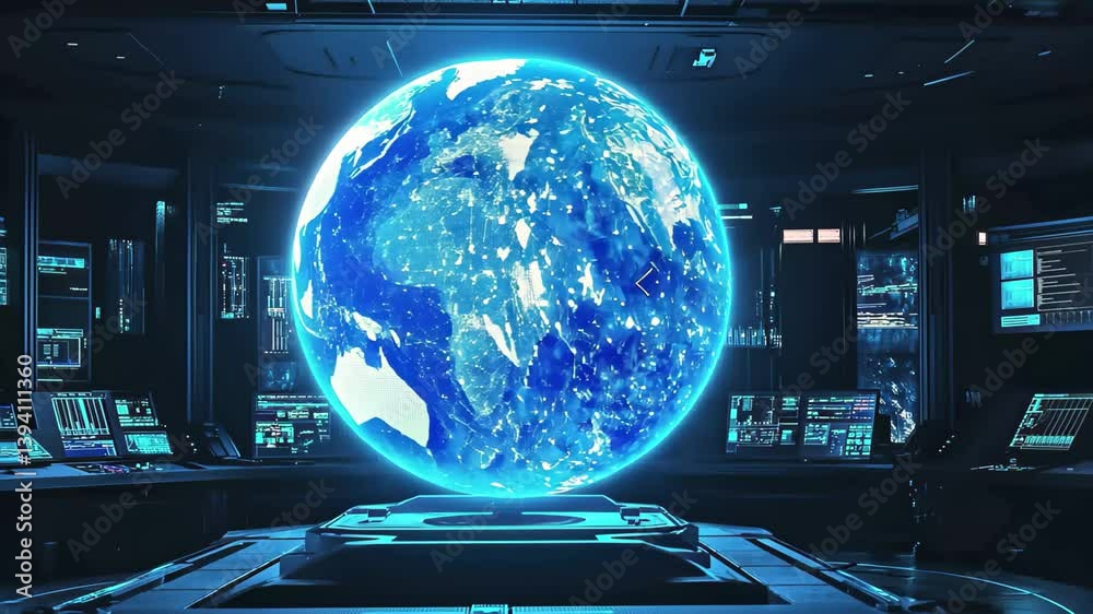 Glowing blue globe illuminates futuristic control room with advanced technology, A glowing blue globe in the center of a futuristic control room