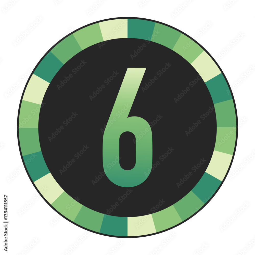 Graphic Image of a Circle with Lime Green, Emerald Green, and Off-White Gradients Featuring a Prominent Dark Green Number “6