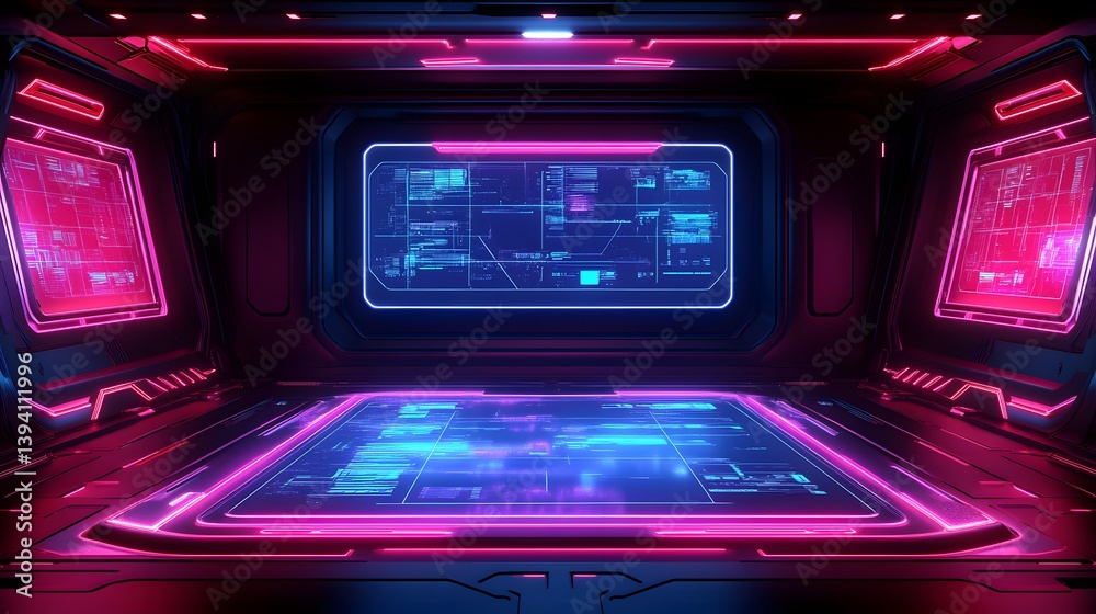Obraz premium Futuristic interior illuminated with bright neon colored graphical interfaces