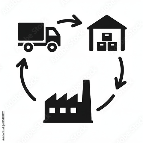A minimalist design illustrating a circular flow pattern of interconnected arrows, each representing a step in the supply chain