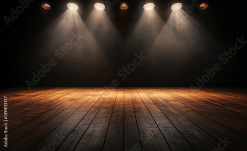 Empty stage, spotlight beams on wooden floor photo
