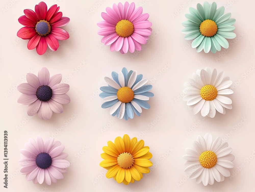 Colorful daisy flowers arranged in a grid pattern Colorful daisy flowers arranged in a grid pattern