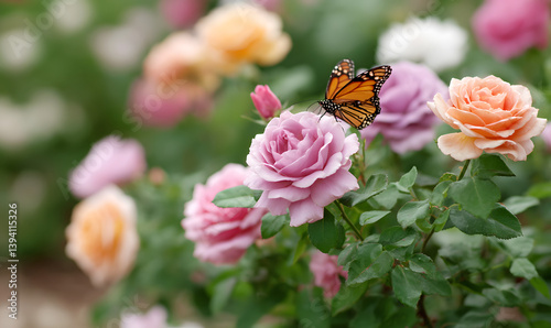 Fototapeta Naklejka Na Ścianę i Meble -  A beautiful flower garden with roses of various colors and butterflies, Generative AI