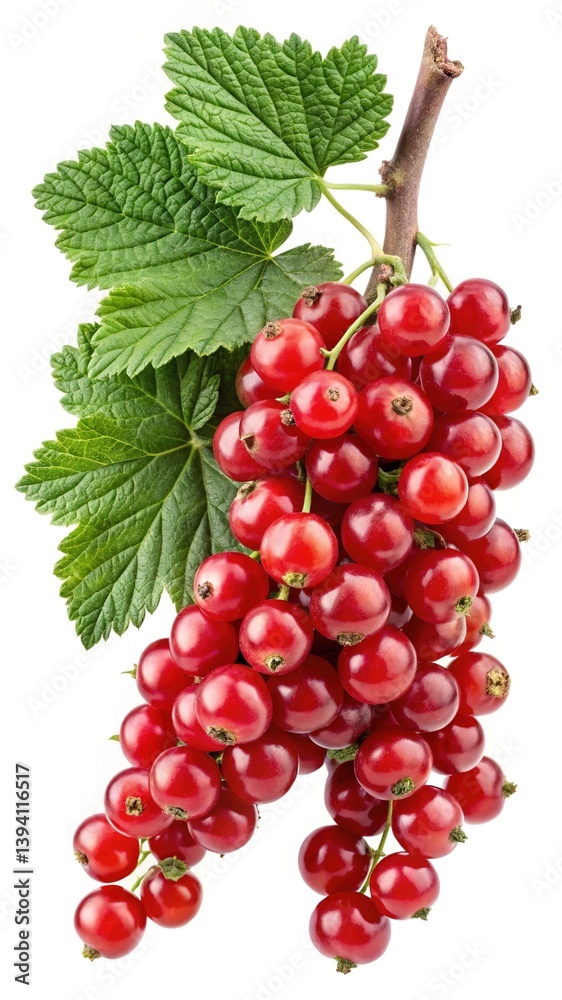 A Bunch of Fresh Red Currants with Green Leaves Isolated on White Background A Bunch of Fresh Red Currants with Green Leaves Isolated on White Background