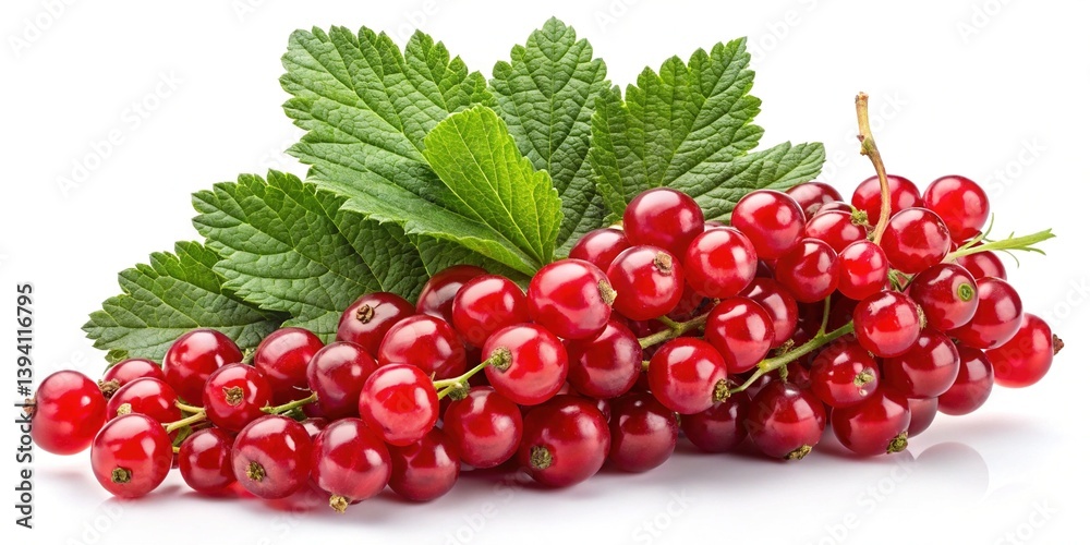A cluster of ripe red currants with fresh green leaves on a white background A cluster of ripe red currants with fresh green leaves on a white background