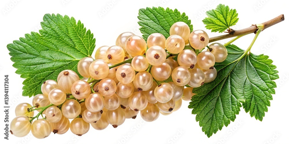Obraz premium A branch of ripe white currants with vibrant green leaves isolated on white background showing juicy texture and natural details