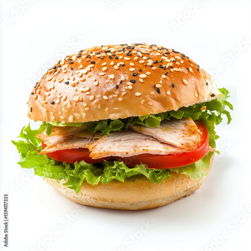 Delicious turkey sandwich with lettuce tomato and sesame bun eat yum food meal cafe lunch tasty fresh