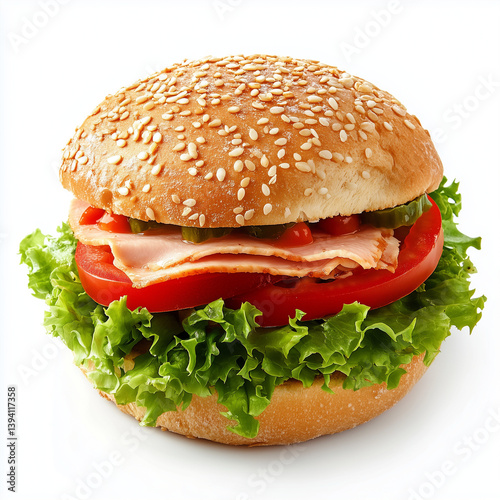 Delicious turkey sandwich with lettuce tomato and sesame bun eat yum food meal cafe lunch tasty fresh