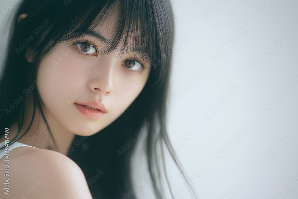 女性, ポートレート, 黒髪, 長髪, 横顔, 美しい, 自然光, シンプルな背景, 室内撮影, クローズアップ, アジア人女性, ナチュラルメイク, 若い女性, 白い服, 柔らかい表情, エレガント, ミニマリズム, 清潔感, 美肌, 穏やかな雰囲気, プロフェッショナル写真, ファッション撮影, 現代的なスタイル, 芸術的構図, 魅力的な女性, 美容コンセプト, 高解像度画像, ストックフォト