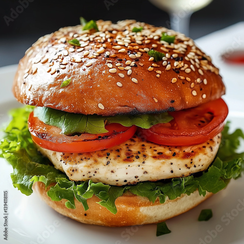 Delicious turkey sandwich with lettuce tomato and sesame bun eat yum food meal cafe lunch tasty fresh