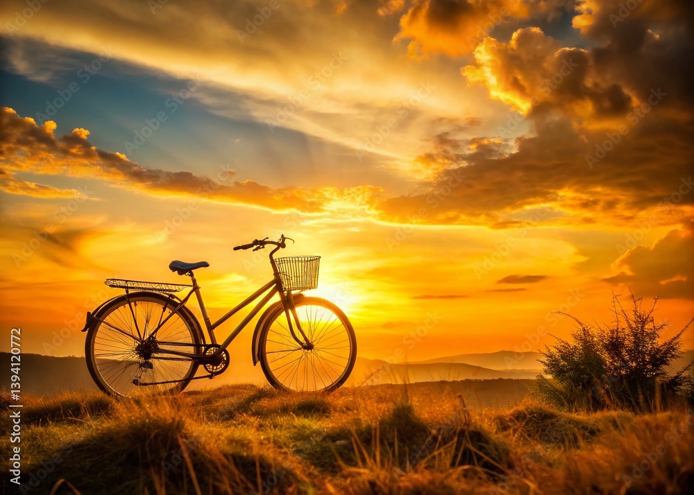Fototapeta premium Vintage Bicycle Silhouette Against a Breathtaking Sunset Over Rolling Hills A Retro Landscape Photography Masterpiece