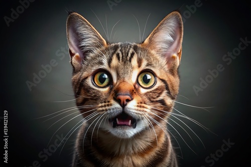 Adorable WideEyed Cat in a Dramatic Gray Background A CloseUp Portrait of a Surprised Feline with Striking Eyes