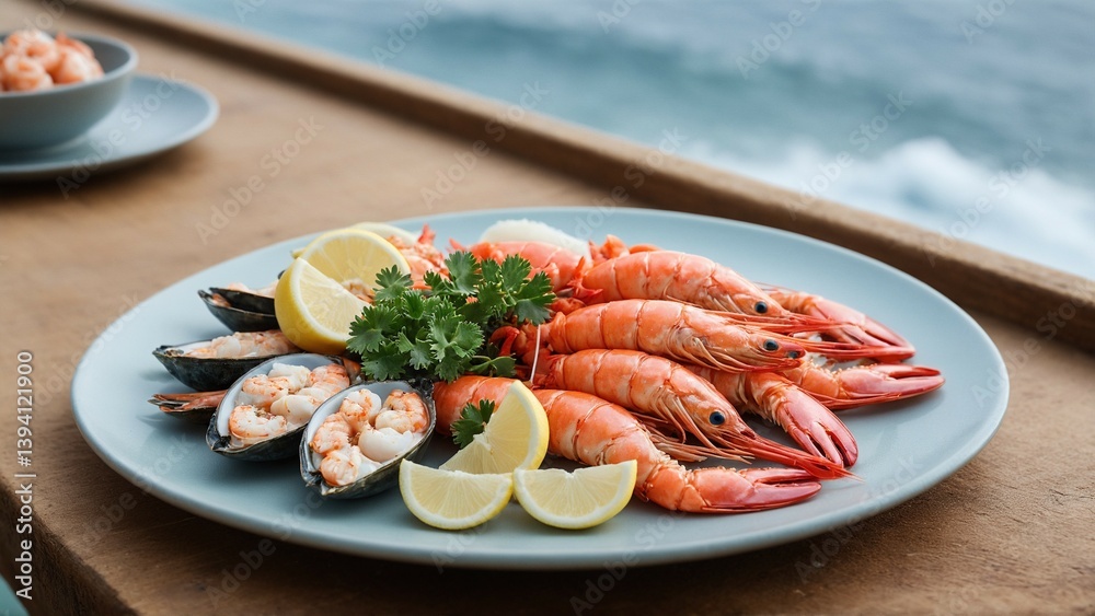 Fresh seafood platter featuring succulent shrimp, tender mussels, lemon wedges, and cilantro served overlooking the ocean.