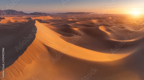 The warm embrace of sunset light washing over a vast desert, undulating dunes with perfectly defined edges, deep shadows adding