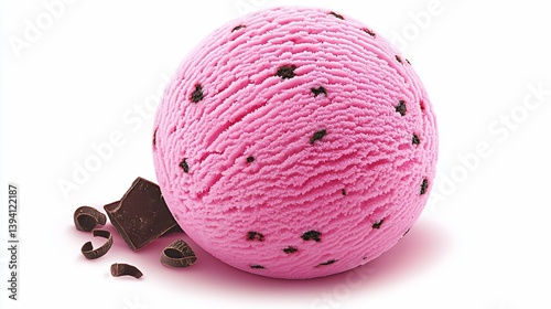 Pink ice cream scoop with chocolate chips.  A round scoop of pink ice cream with dark chocolate chips.  Melted chocolate pieces are next to it