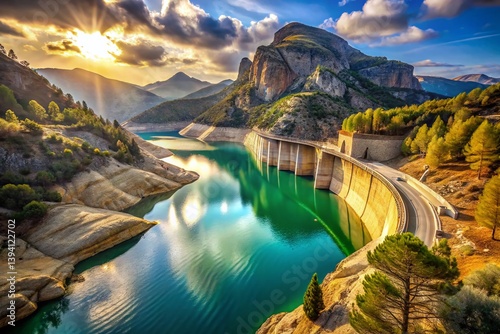 Serene Andalusian Reservoir An Aerial Perspective of El Chorro Hydroelectric Dam Malaga Spain