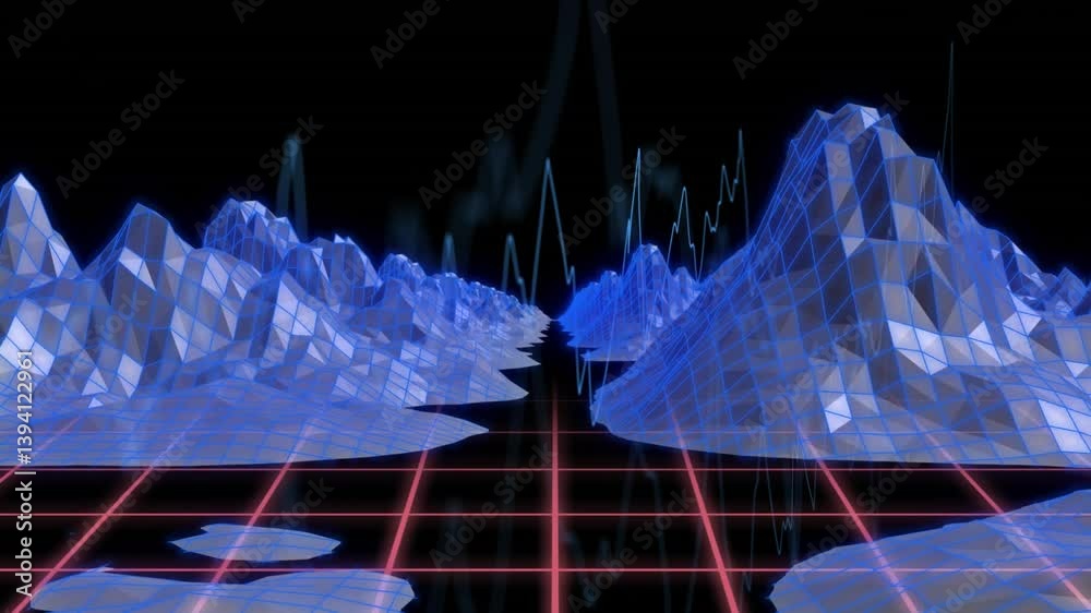 In animation, blue wireframe mountains and neon grid creating futuristic landscape