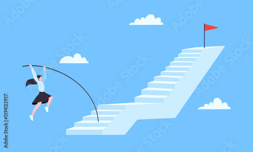 Success career ladder steps path challenge with business goal achievement flag goal on the top of it. Business concept flat vector illustration. Office person running onto success career steps.
