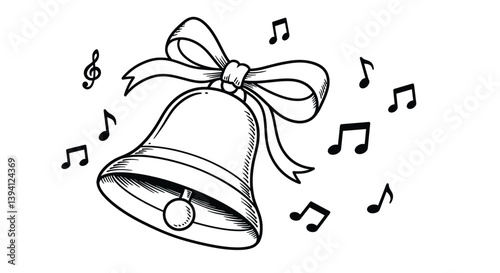 Bell Melody: A delicately drawn bell, adorned with a graceful bow, rings out with musical notes, creating a visual symphony of sound and celebration.