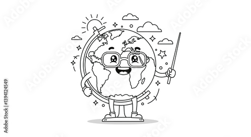 Animated Globe with Accessories: A charming globe with a radiant sun, clouds, and stars, wearing glasses and holding a pointer stick, embodies an engaging symbol of knowledge and education. 