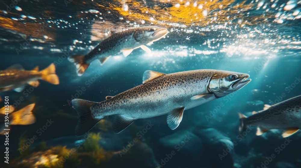 Naklejka premium Salmon swimming in underwater river