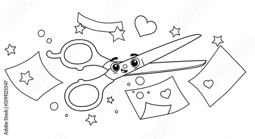 Animated Scissors and Crafting Delights: A playful animated illustration of scissors joyfully snipping paper and surrounded by whimsical decorative elements, perfect for creative projects and craft.
