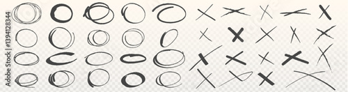 Hand drawn cross and circle signs set isolated on transparent background. Vector realistic illustration of black pencil, pen, marker highlight doodles, abstract handwritten scribbles, grungy squiggles