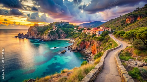 Enchanting Coastal Path in Calanca Bay Italy A Surreal Dreamscape of Azure Waters and Dramatic Cliffs photo
