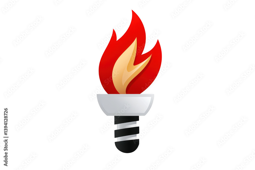A stylized torch with flames, symbolizing passion and enlightenment, featuring silver base and vibrant red and orange flames. This conveys sense of inspiration and energy