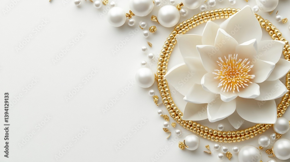 Fototapeta premium White lotus, gold beads, pearls on white background