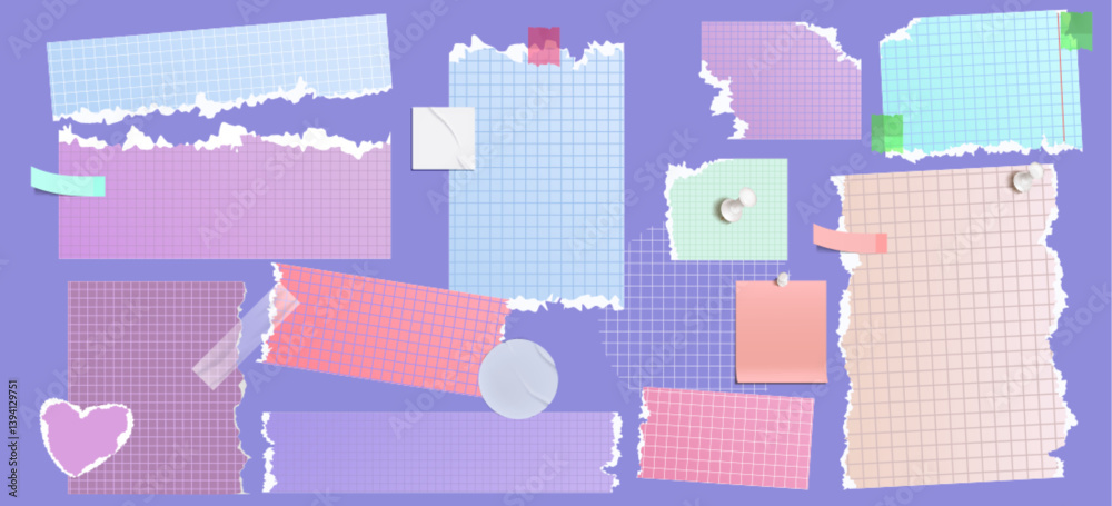 Torn paper sheet set - square grid colored notebook page pieces with rough ripped edges. Scrapbooking supplies, realistic note scraps with uneven borders. School diary elements and memo stickers.