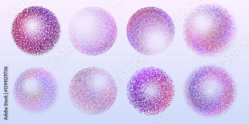 Colorful dotted spheres set - pink and purple particles arranged in circle shapes. Detailed grainy texture, smooth gradients. Stipple shading dotwork technique with realistic 3D lighting effect.