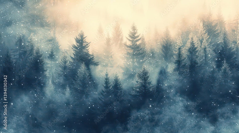 Fototapeta premium A misty forest landscape with tall trees, evoking a serene and tranquil atmosphere.