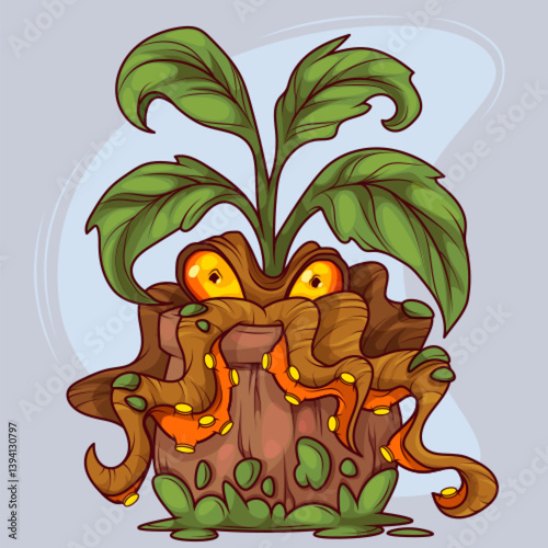 Scary mutated plant monster with glowing yellow eyes peering out from tangled brown roots. Tentacle vines with green leaves in flower pot. Creepy vegetation creature from dark fantasy forest.