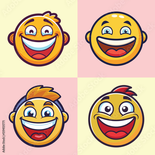 Collection of four happy emoticon faces with different hairstyles and expressions