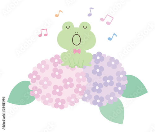 アジサイと歌うかわいいカエルのベクターイラスト。カエルの合唱、梅雨