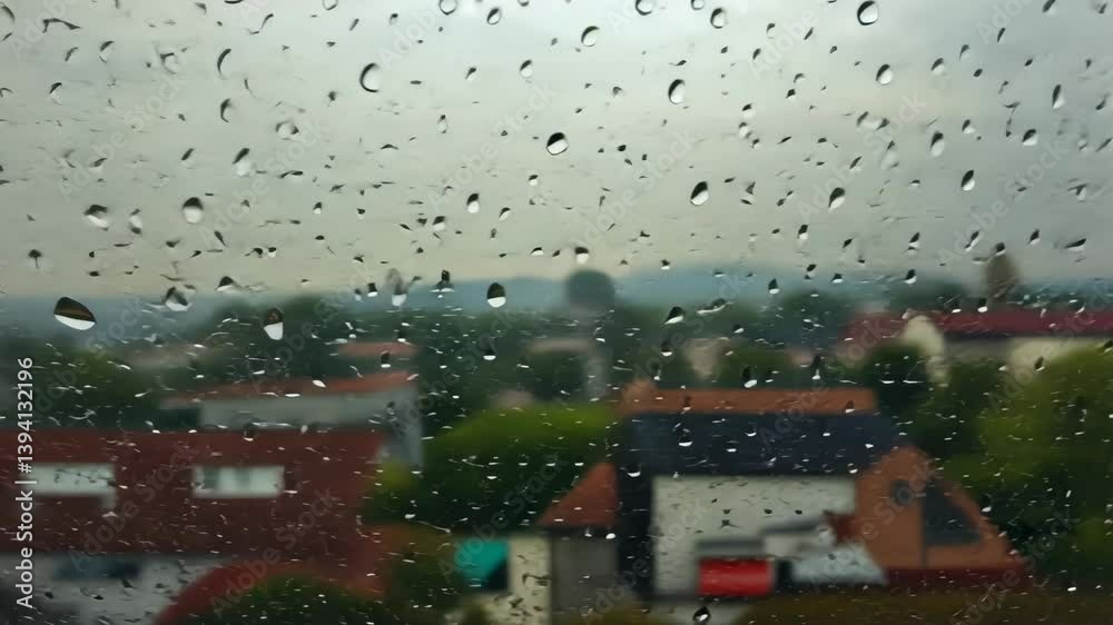 Rainy afternoon in a quiet town viewed through a window with raindrops glistening
