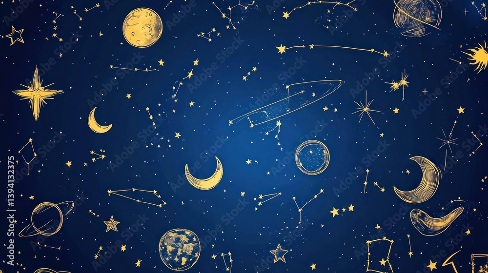 Fototapeta premium Golden Space Drawings on Dark Blue Background
