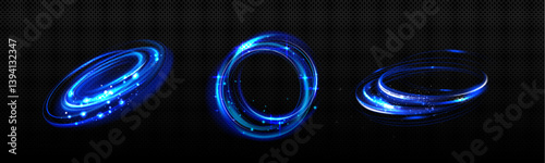 Blue glowing spiral vortex circles on dark background - shiny neon curves, light trails forming round frames. Bright colorful swirling lines, dynamic glowing rings, energy futuristic portal shapes.