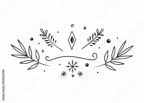 Hand drawn frames and banners. Classic calligraphy swirls, swashes, floral motifs. Snowflakes, Christmas balls, gift box, winter branches in sketch style. Hand drawn vector illustration