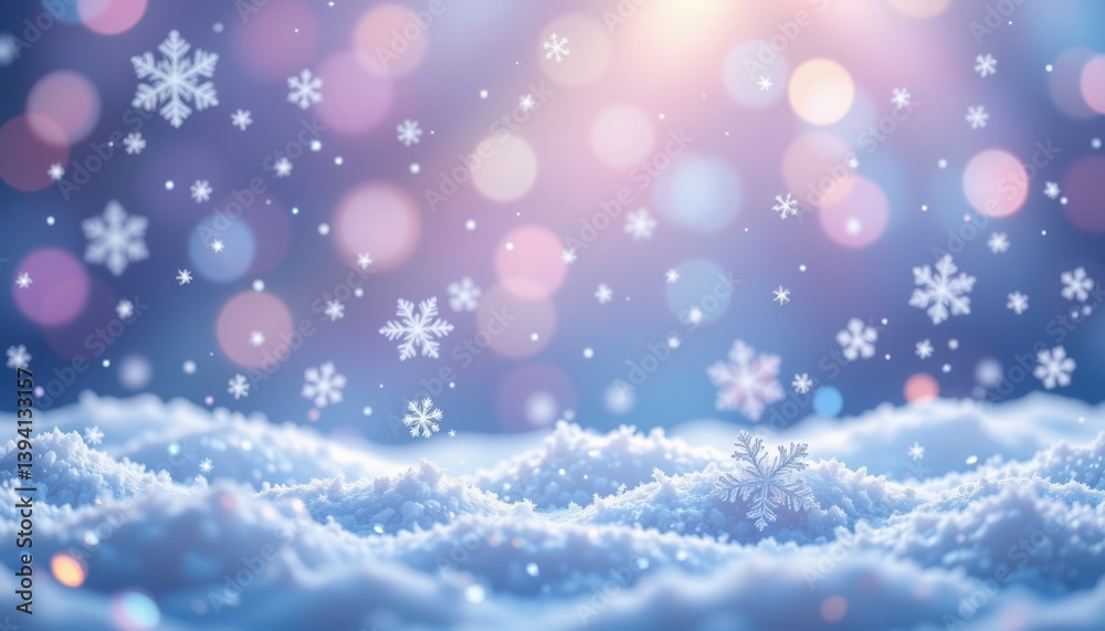 Fototapeta premium Glistening snowflakes twinkling against an icy blue and lavender background.
