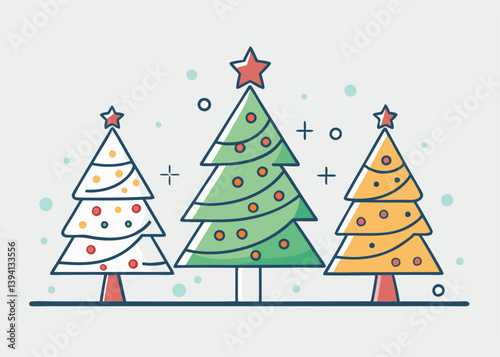 Set of Christmas trees of different shapes with garlands, balls and toys. Vector Christmas trees. Hand draw outline christmas tree greeting card background
