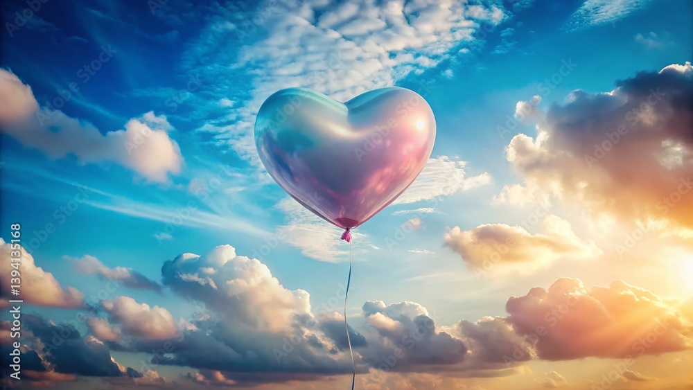 Fototapeta premium A Delicate HeartShaped Balloon Ascends into a Dreamy Pastel Sky Surreal Imagery Captures a Moment of Whimsical Beauty