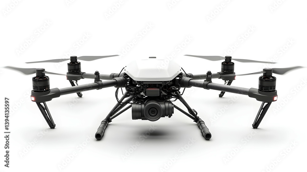 Modern Drone with Camera, White Body and Black Accents on a White Background Modern Drone with Camera, White Body and Black Accents on a White Background