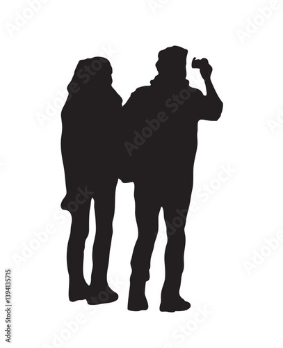 Couple of travelers, man and a woman are standing next to each other back view. The man is taking picture with his camera. Vector flat illustration black silhouette isolated on transparent background