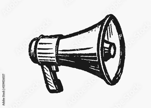 Megaphone monochrome icon isolated on white background. vintage hand drawn illustration style.