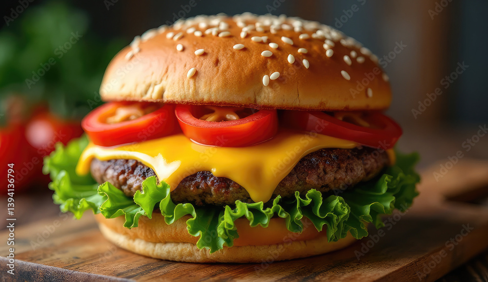 Close-up of a delicious cheeseburger on a wooden board. Close-up of a delicious cheeseburger on a wooden board.