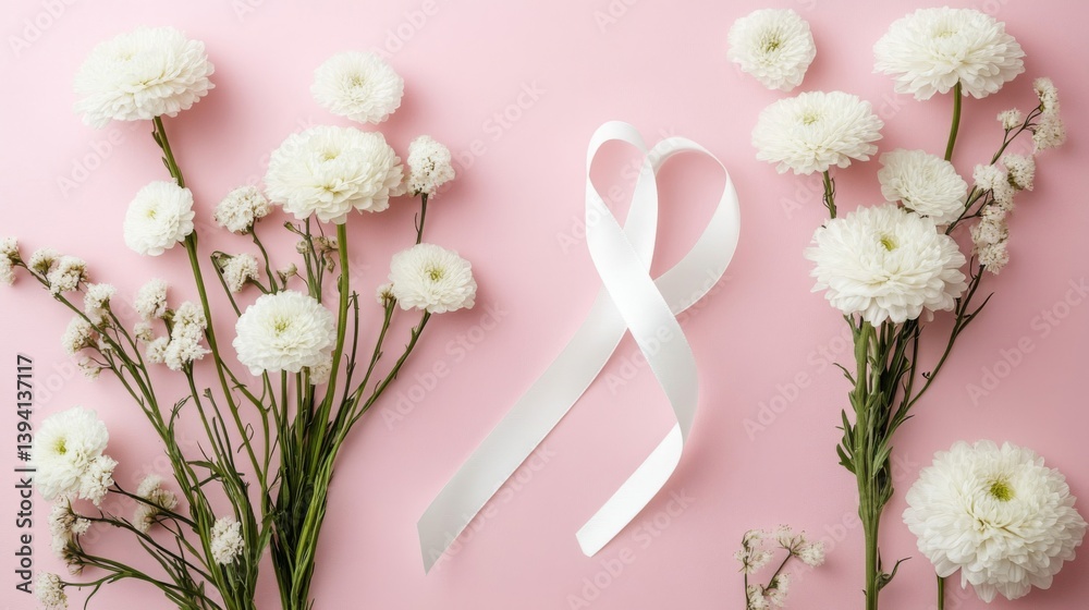Obraz premium White Ribbon Adorned with White Chrysanthemums on Soft Pink Surface Top View