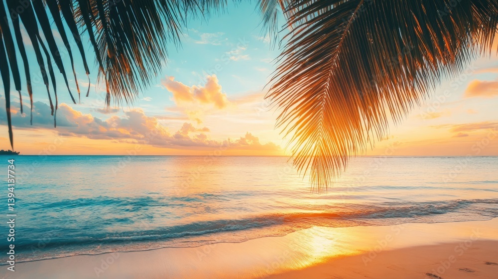 Fototapeta premium Tranquil beach sunset view through palms. Golden hour light over ocean and sand