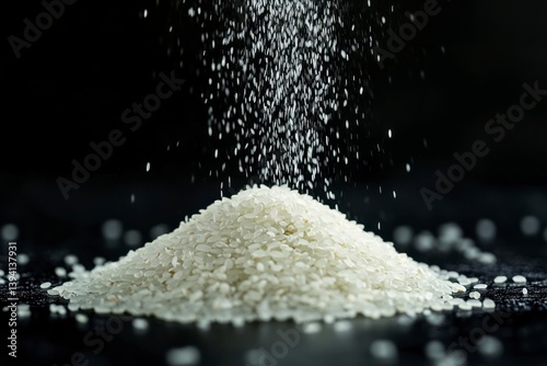 Rice Grains Falling Onto a Pile of White Rice Against Black Background